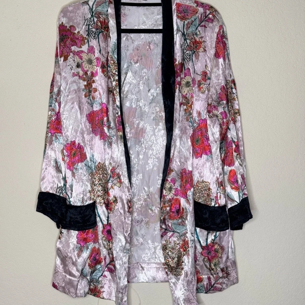 Free People Anthropologie Floral Garden Satin Kimono Top
